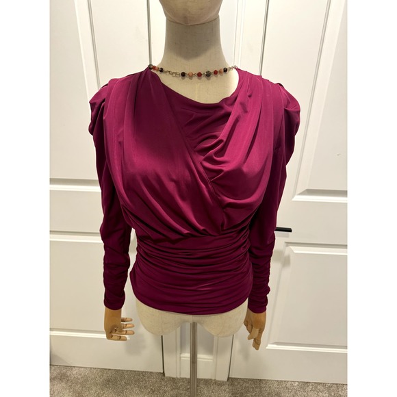 Deep Pink Blouse With Ruching, asymetrical, Puffy upper - Picture 6 of 7